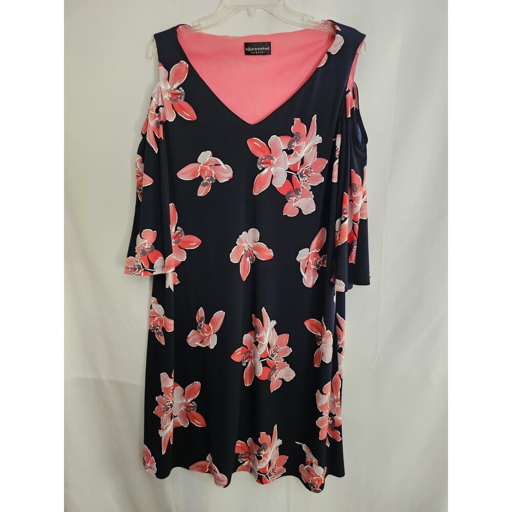 Connected Apparel Floral Cold Shoulder Dress Navy Pink V Neck Size Missing